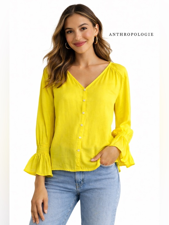 Anthropologie Tops - Anthropologie Bright Yellow Boho Blouse Embroidered Textured Top Size Small